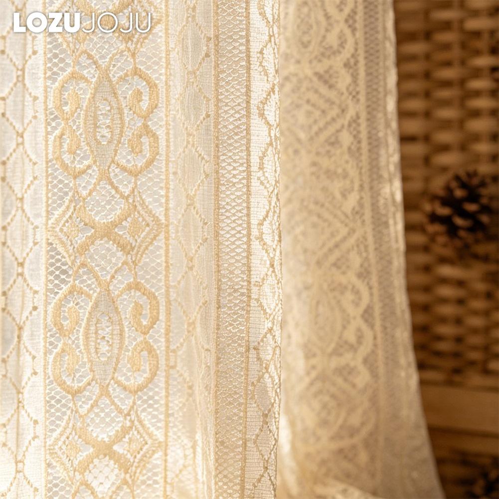 1PC LOZUJOJU Bohemian Hollow Lace Curtain Beige Retro Translucent Sheer Curtain Wimdow Tulle for Living Room Bedroom Home Decor