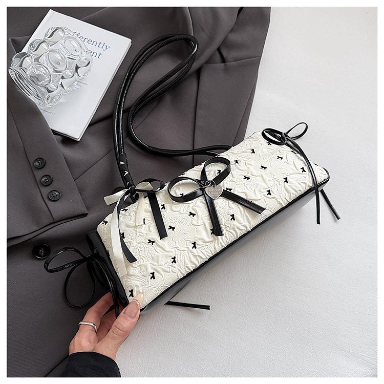 Black Pink Contrasting Color Bow Small Bag Women's 2025 Summer New Shoulder Underarm Bag Fashionable and Sweet Hand Bag