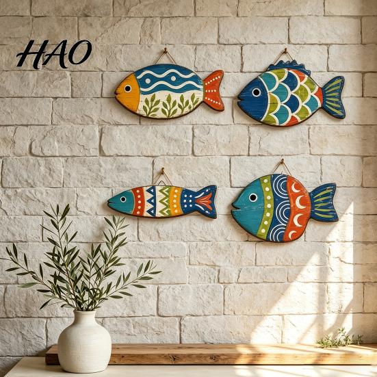 Wooden Fish Wall Art 4PCS Coastal Themed Decoration, Bohemia Colorful Pattern Print Bathroom Seaside Decorations Plaques, Decorative Hanging