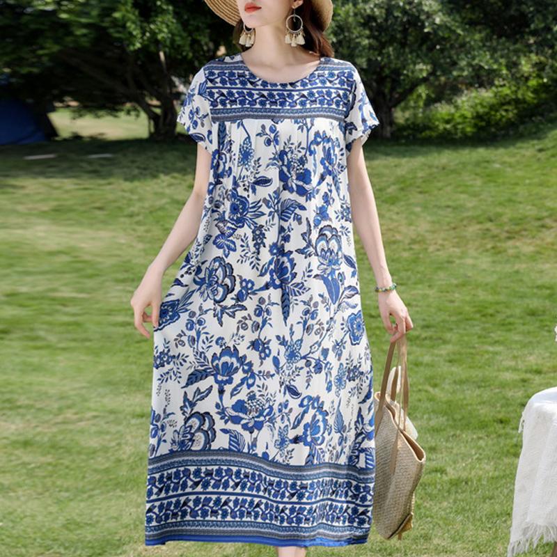 Damen Plus Size Boho-Print Maxikleid, Kurzarm Freizeit-Sonnenkleid (XL-5XL)