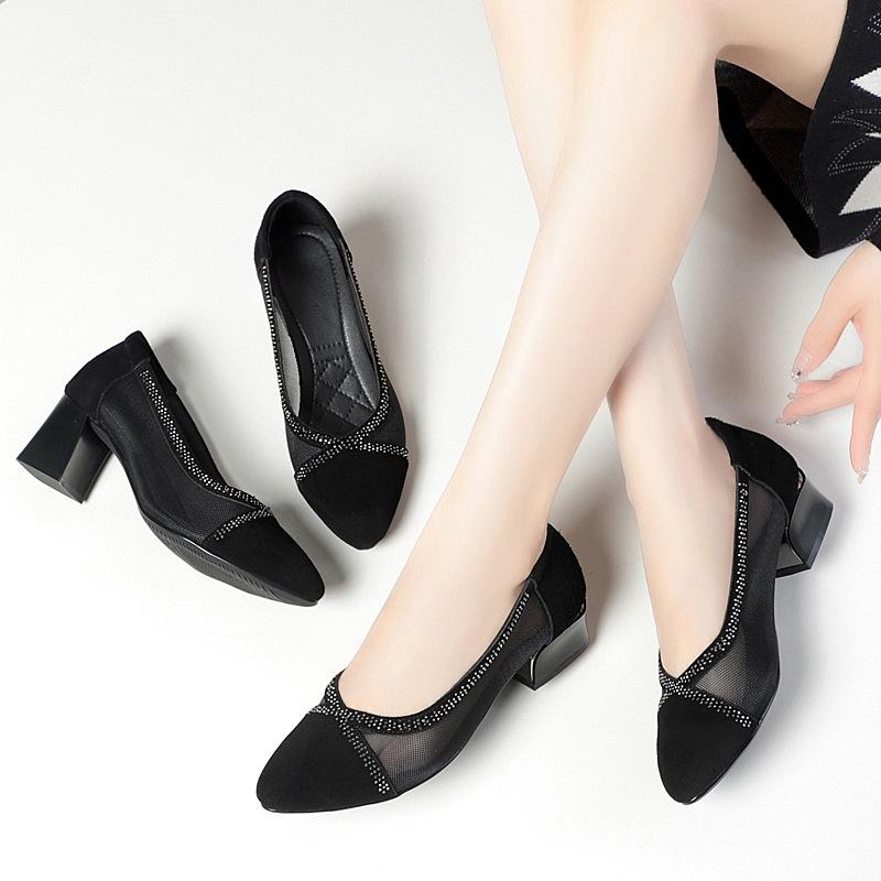 Rhinestone Mesh Women Shoes Classic 3.5/5.5cm High Quality Hollow Out Comfort Slip On Square Heel Shoes Lady Fashion Party Shoe