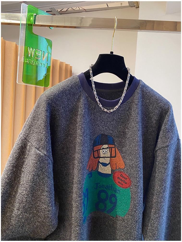 Women's 2025 Cartoon Print Woolen Long Sleeve T-shirt: Loose, Warm, Plus Velvet, Brushed Inner Layer