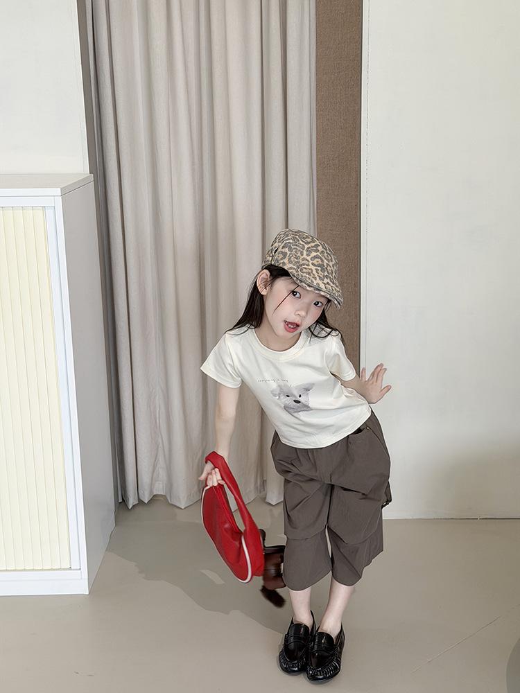 Summer Kids Fashion Spicy Girl Puppy Print Cropped T-Shirt – Slim Fit, Short Sleeve Top for Girls