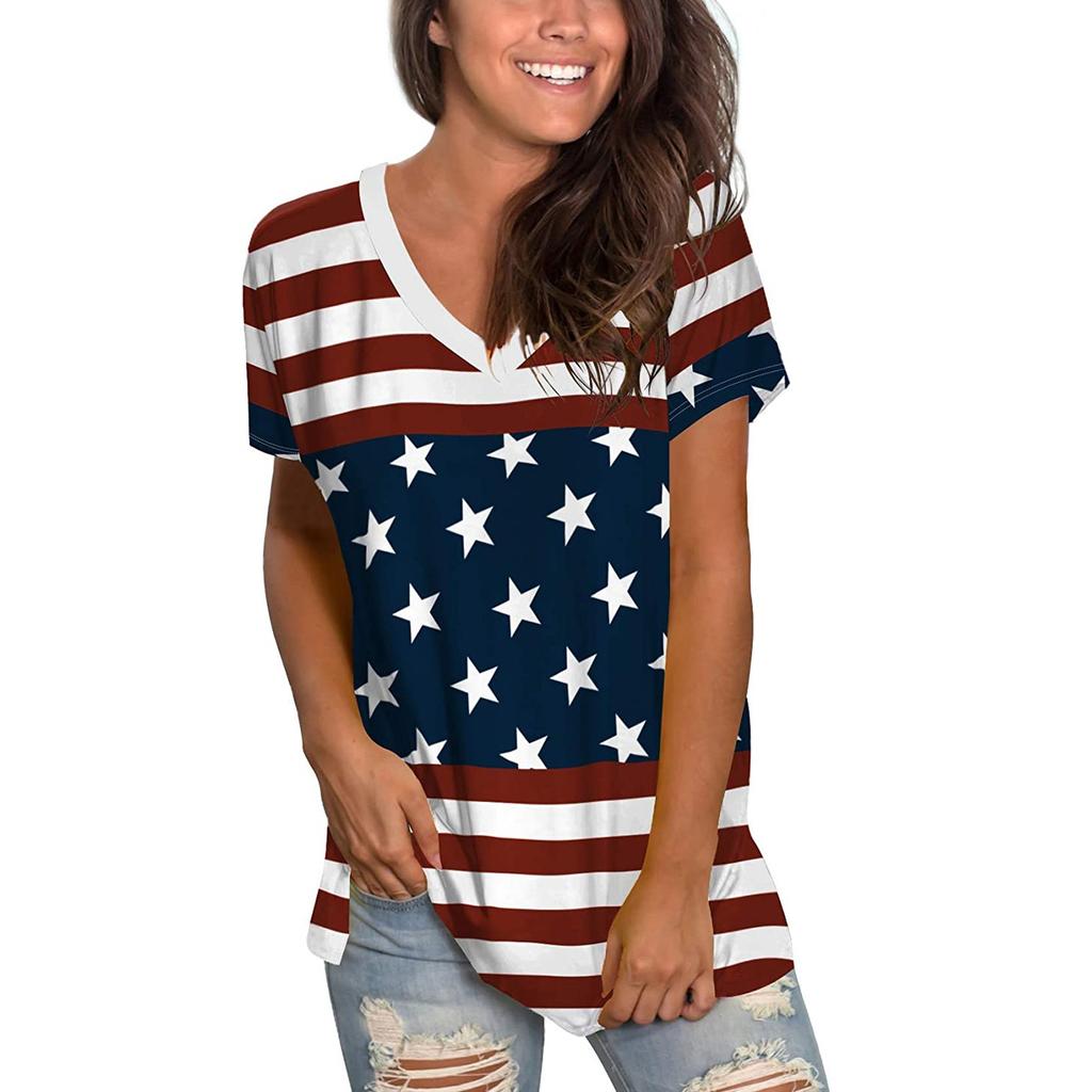 Independence Day Women's Casual V-Neck Loose Short Sleeve T-Shirt Blouse Tops