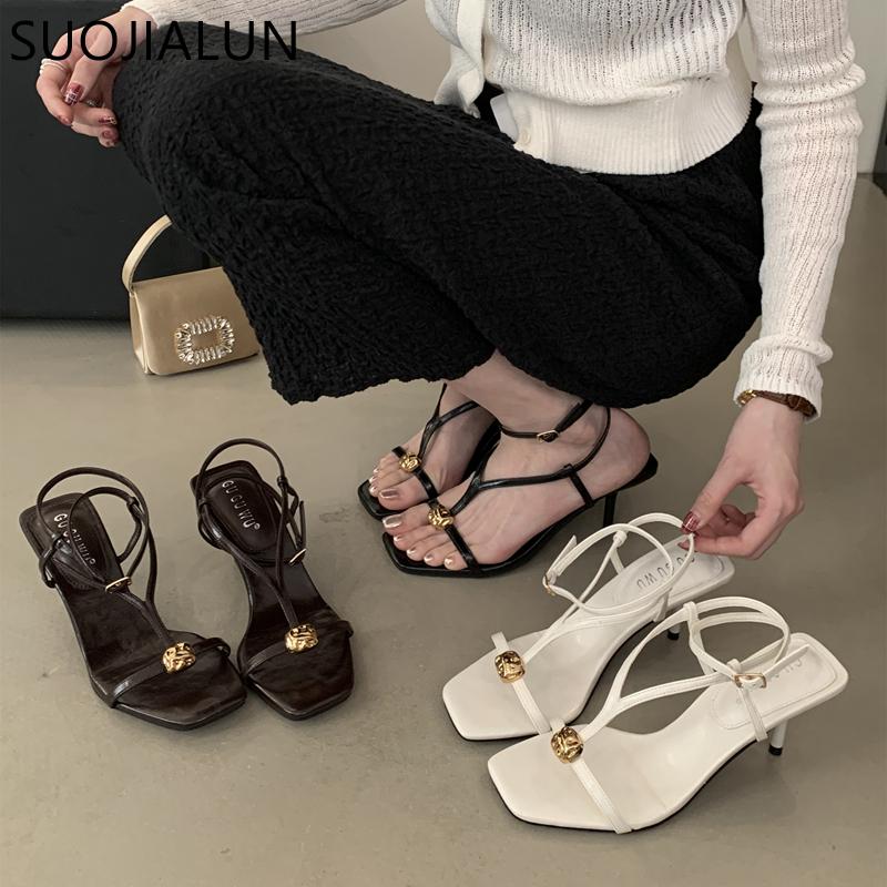 Fashion SUOJIALUN Summer New Brand Women Sandal Fashion Narrow Band Ladies Elegant Gladiator Shoes Thin High Heel Outdoor Dress Pumps