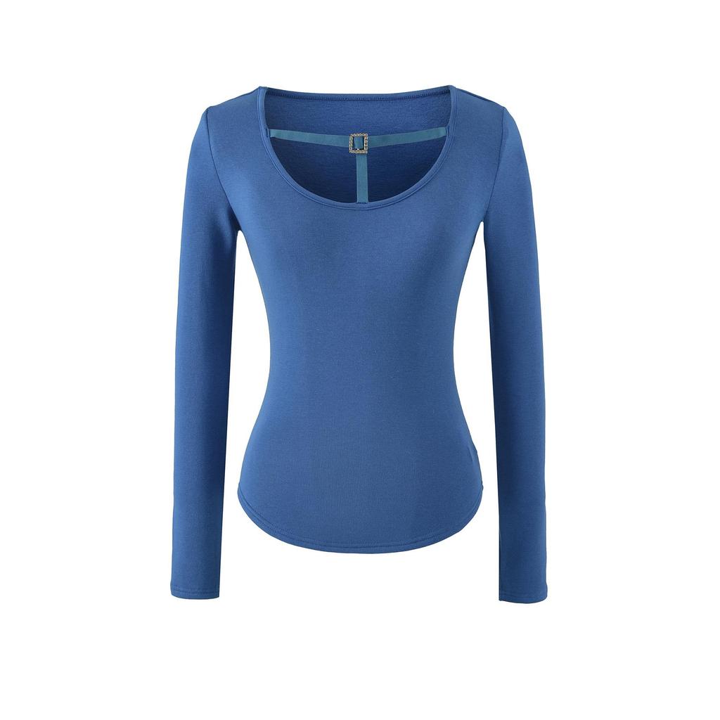 Spicy Girl Diamond Buckle Hollow U-Neck Plus Velvet Long-Sleeved Slim-Fit Top for Women - Stylish for Spring, Autumn & Winter