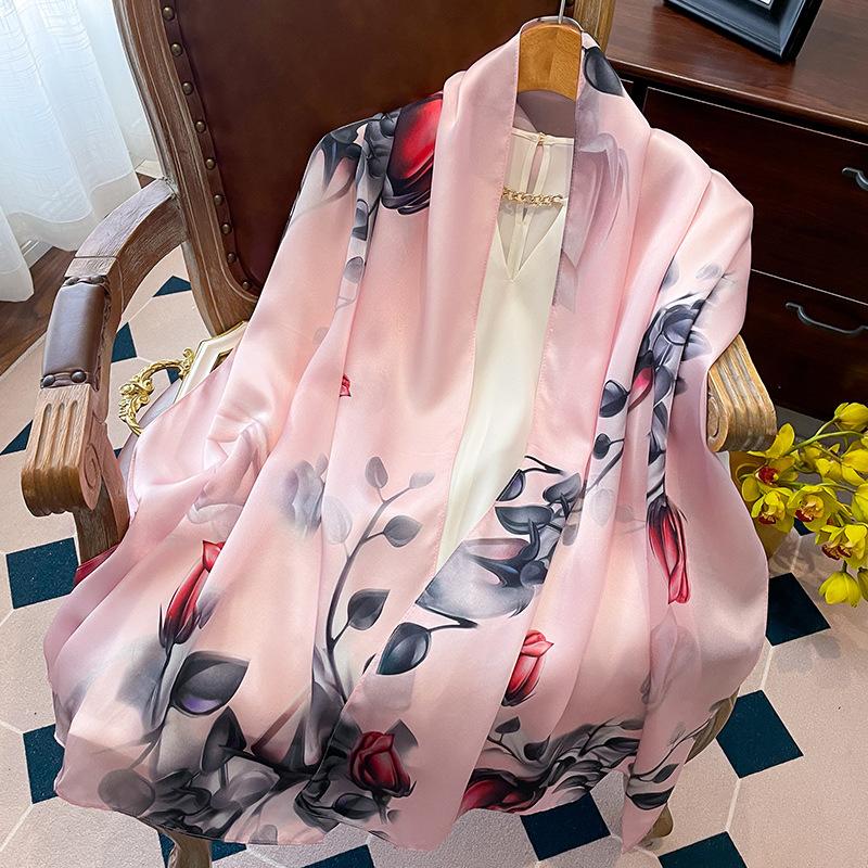 Luxury Brand 100% Real Silk Scarf Women Designer Shawls and Wraps Elegant Floral Print Pashmina Soft Long Scarves Femme Hijab