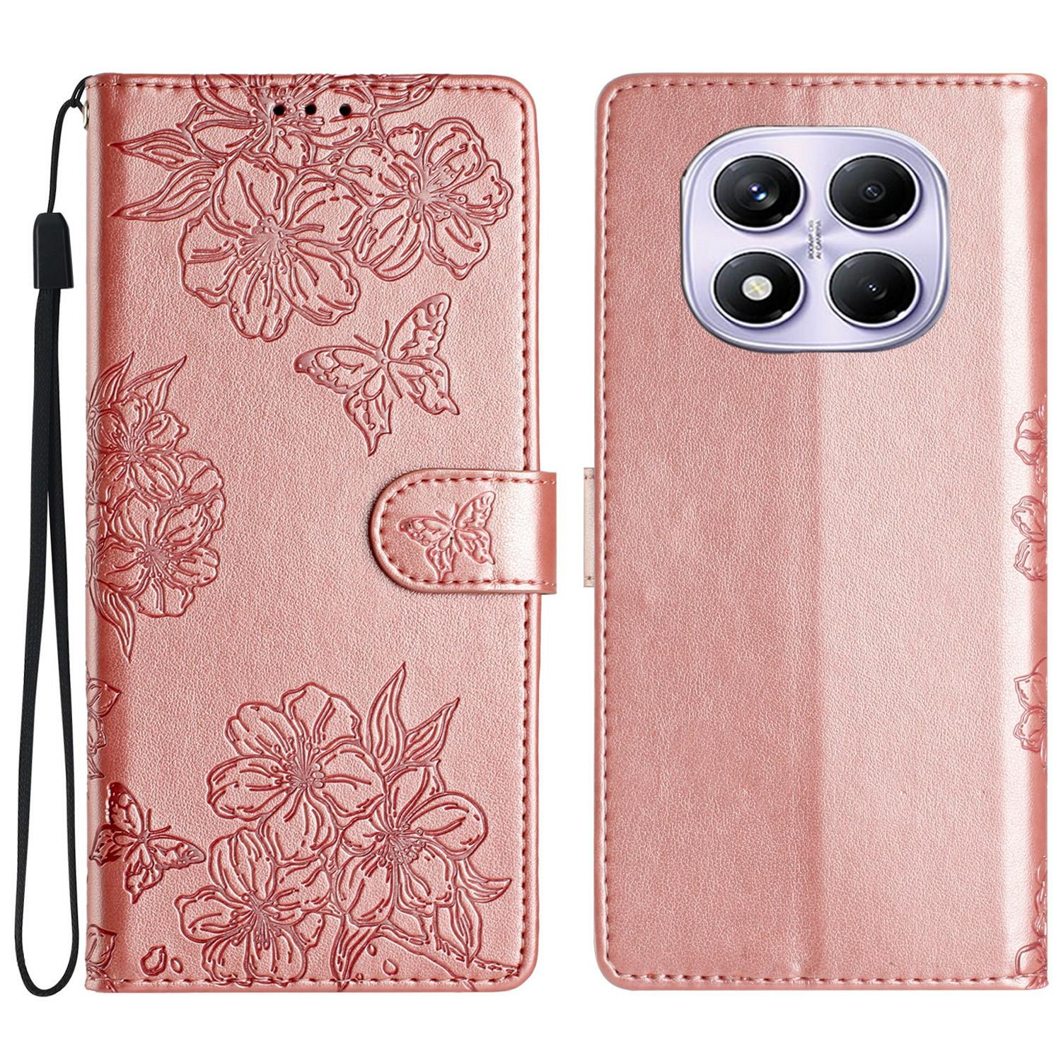 

For Xiaomi Redmi Note 14 Pro 4G Case Butterfly Flower Drop-Proof PU Leather Wallet Phone Cover Rose Gold
