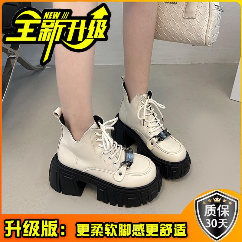American Retro Thick Heel High Heel Small Leather Shoes Autumn and Winter Fashion Platform Short Boots British Style Lace-up Women's Martin Boots