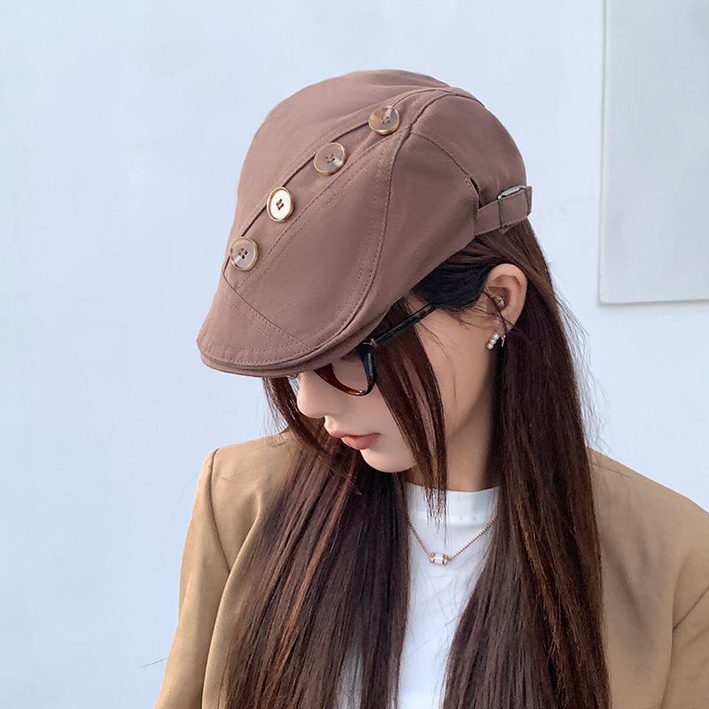 Korean Style Retro Button forward Hat for Women Autumn and Winter Literary Duck Bill Painter Hat Personality Casual Versatile Face Showing Beret
