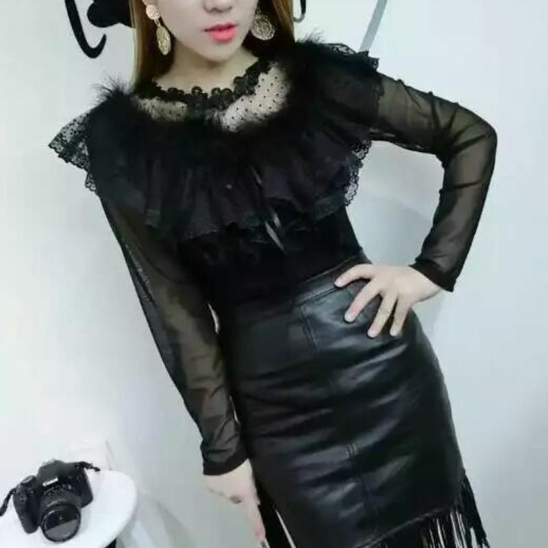 Damen Top Neue Transparente Aushöhlen Rüschen Bluse Spitze Tops Sexy Langarm Mode Villus Shirt Frauen Kleidung