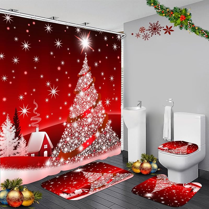4PCS Christmas Fireplace Shower Curtain Sets, Christmas Tree Stocking Shower Curtain Sets with Rugs, Toilet Lid Cover and Bath Mat for Bathroom Set
