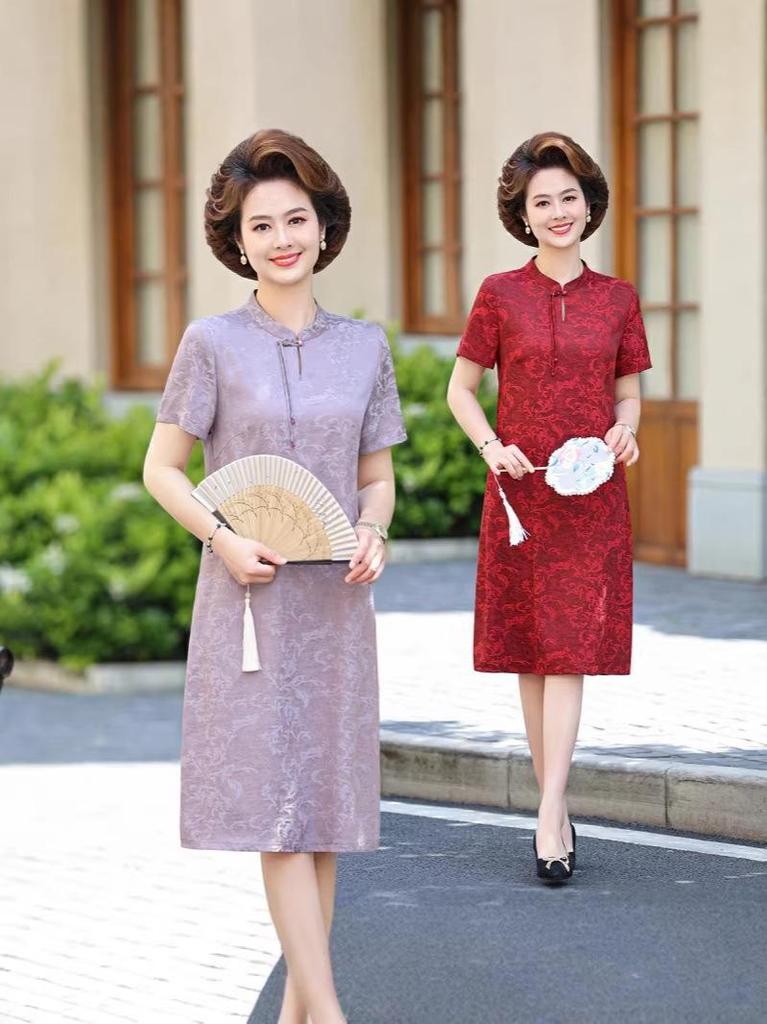 Summer Short-Sleeved Faux Silk Qipao Dress for Middle-Aged and Elderly Women