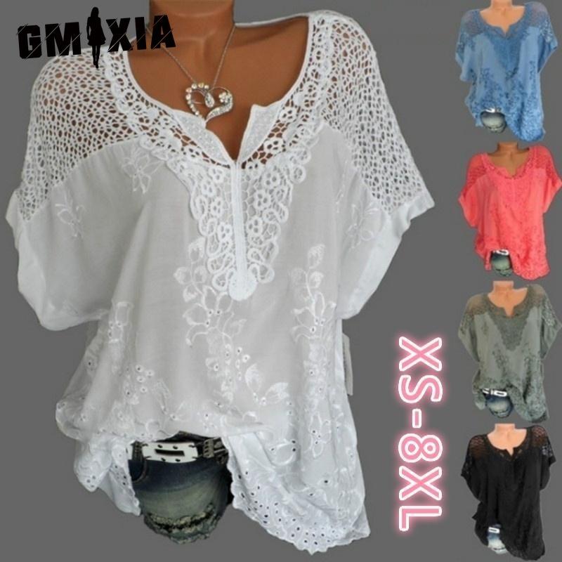 GMXIA Damenmode, lässig, einfarbig, kurzärmelig, V-Ausschnitt, Blusen und Hemden