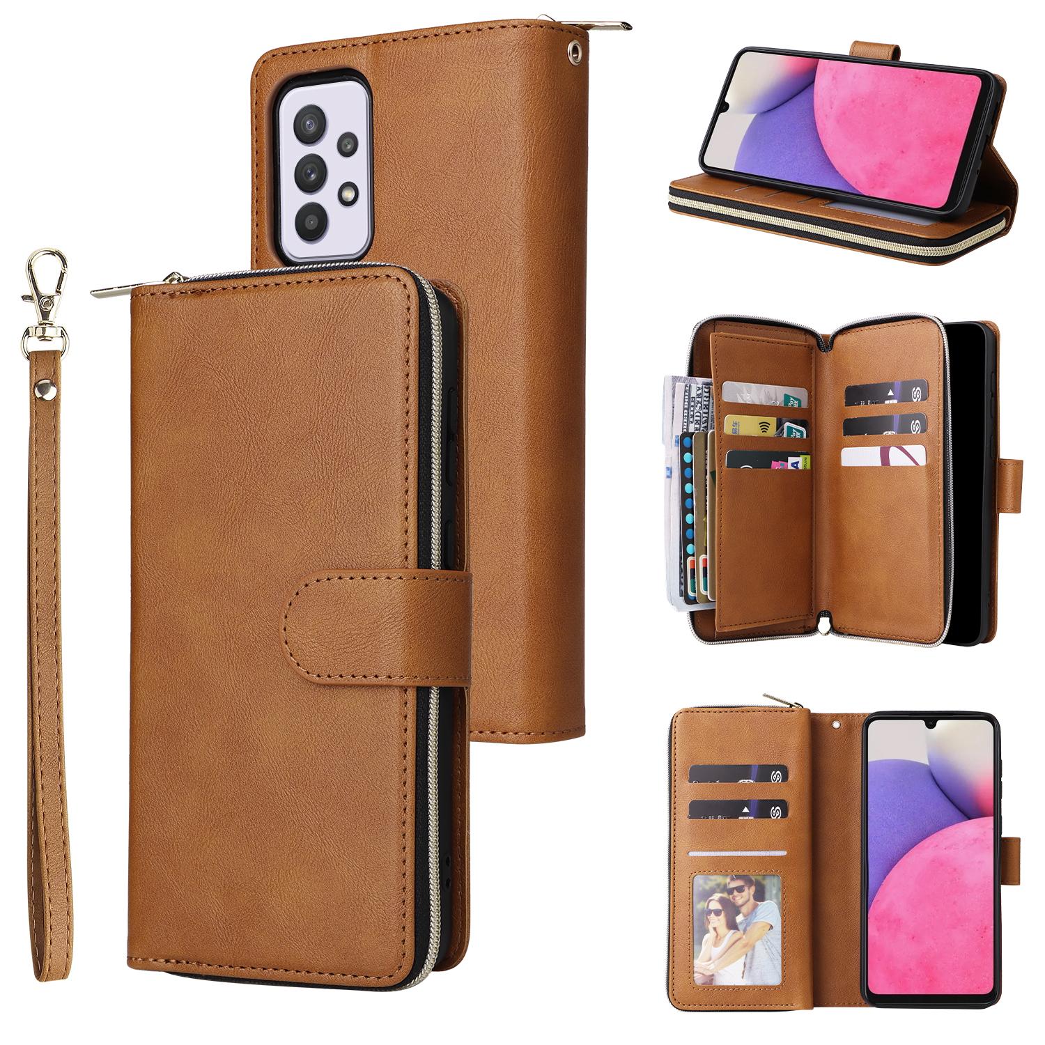 

For Samsung Galaxy A33 5G Zipper Wallet Case Card Slots Leather Phone Cover Brown