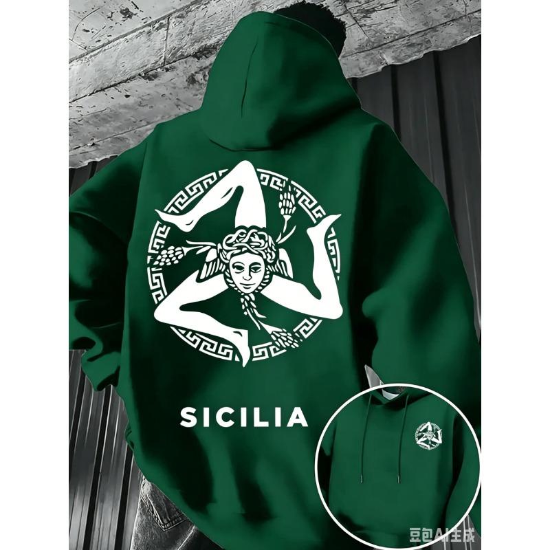 Men's Autumn/Winter Hoodie with Sicilian Trinity Flag Print, Retro Greek Border Pattern, Outdoor Warm Streetwear Style