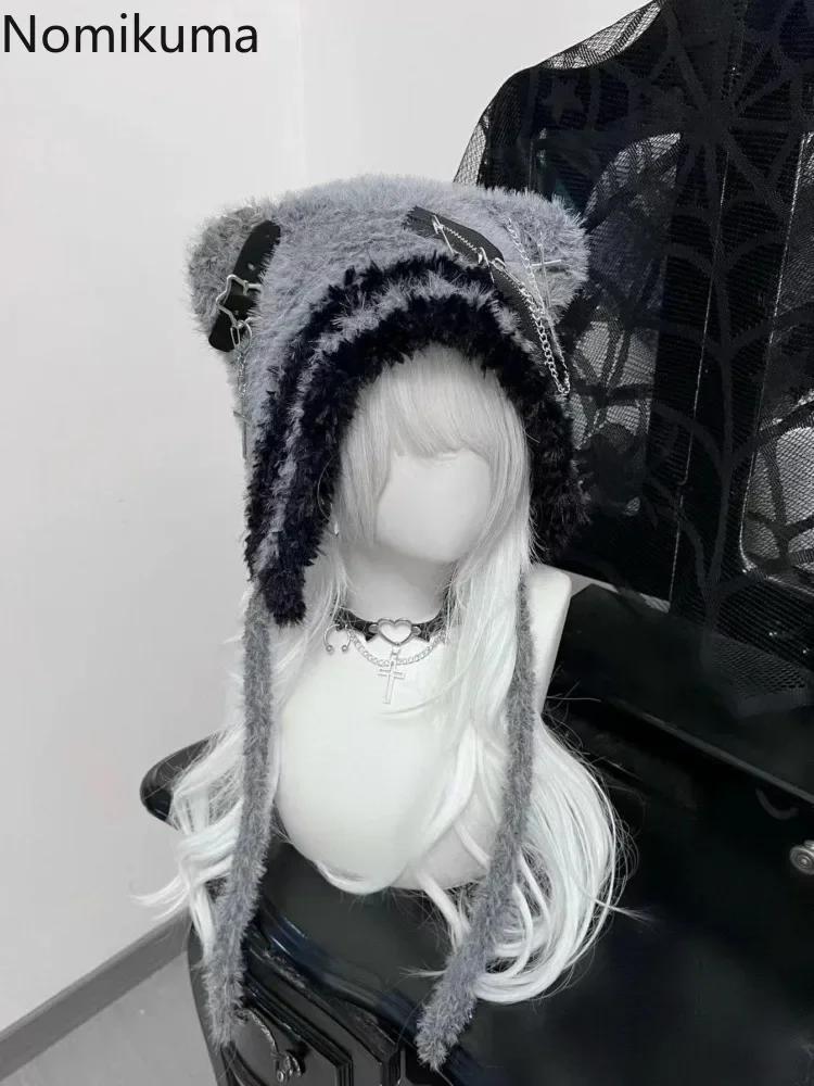Harajuku Gothic Lolita Knitted Cat Ear Hat Women Punk Designer Cross Bat Winter Black Beanie Cute Hat Female Accessories Cap