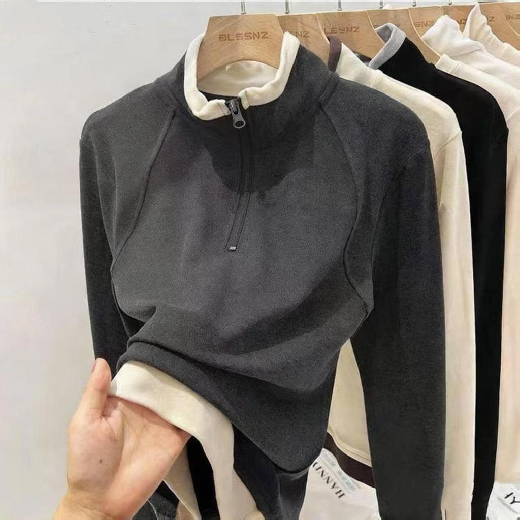 Women's 220g German Fleece Color Block Half-Zip Long Sleeve T-Shirt with Patchwork, Half-High Stand-Up Collar - Autumn/Winter Warm Base Layer