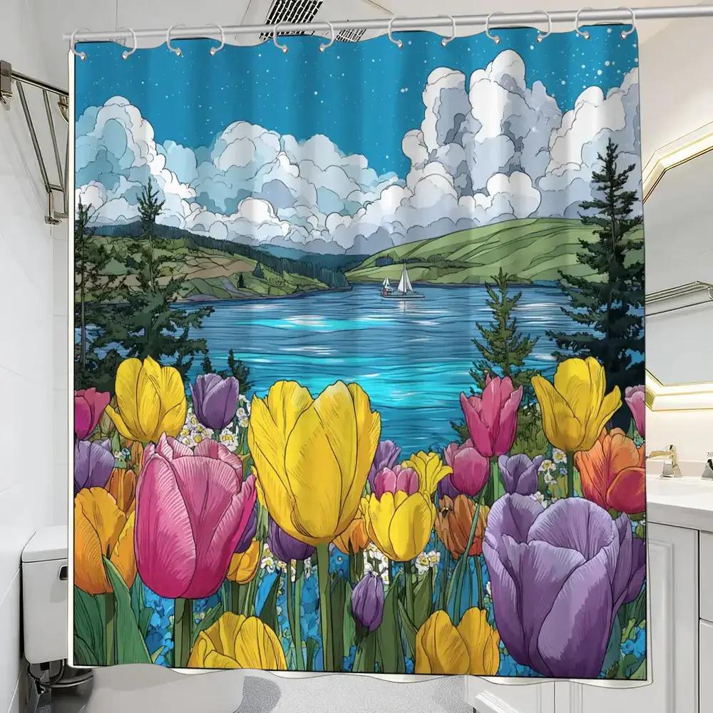 

Spring Lake & Tulips Shower Curtain – Illustrated Landscape, Sailboats, Pine Trees, 12 Hooks, 70.87×70.87 Waterproof Bath Decor W60H190(CM)-1 Pcs