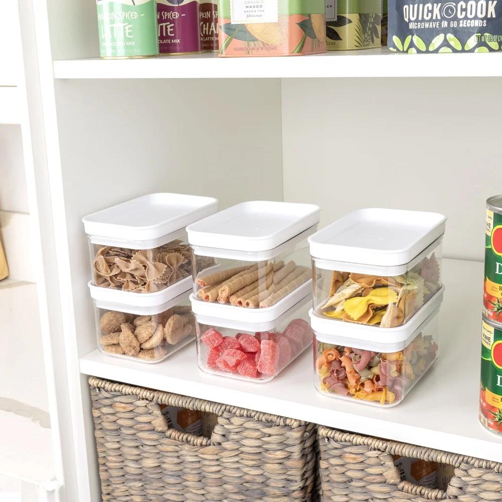 Airtight Rectangular Plastic Food Storage Canister Set of 6 Stackable Clear Containers Kitchen Organization and Freshness