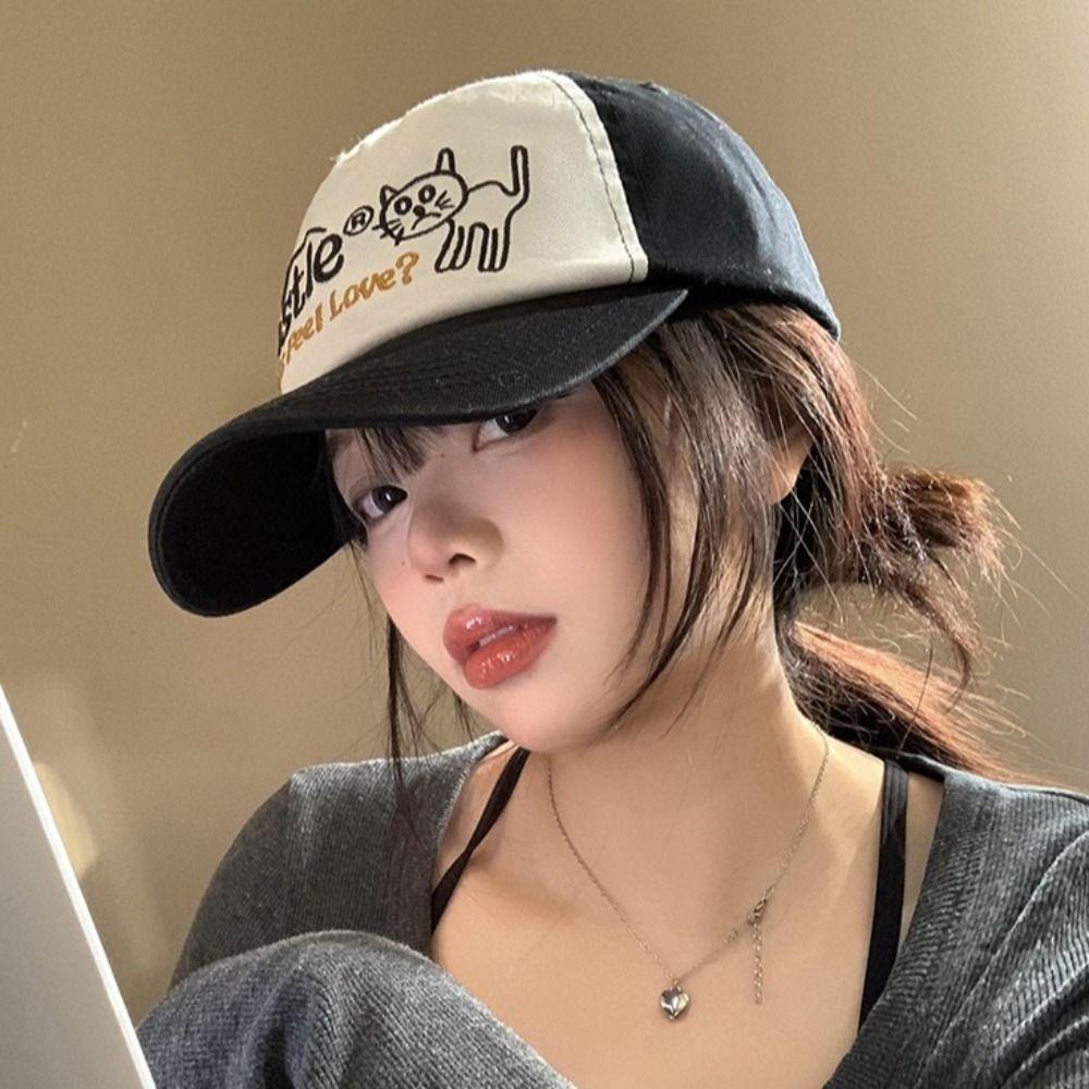 American Retro Color Contrast Baseball Cap Hip Hop Curved Brim Hat Cute Cartoon Peaked Cap  Women