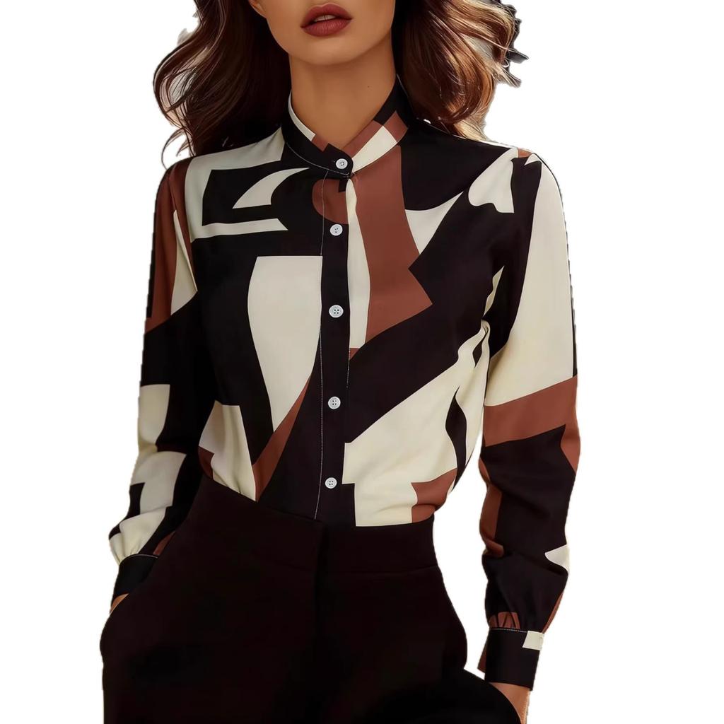 Spring temperament commuting geometric pattern stand-up collar shirt women's loose long sleeves European and American style elegant digital printing