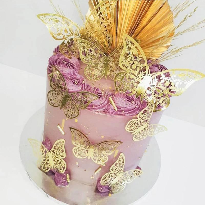 12Pcs Künstliche Schmetterling Glücklich Geburtstag Kuchen Topper Gold 3D Schmetterlinge Cupcake Topper Für Hochzeit Party Backen Dessert Dekor