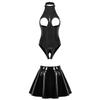 Womens Wet Look Patent Leather Set Halter Open Cup Crotchless Bodysuit with Zipper Flared Skirt for Lingerie Night Club