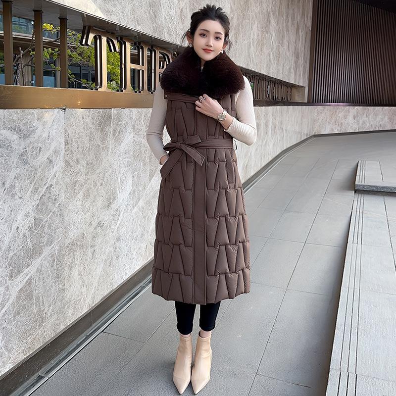 

Женский новый пуховый хлопковый жилет большого размера длиной до колена средней длины, приталенный, с меховым воротником 5XL темно-коричневого