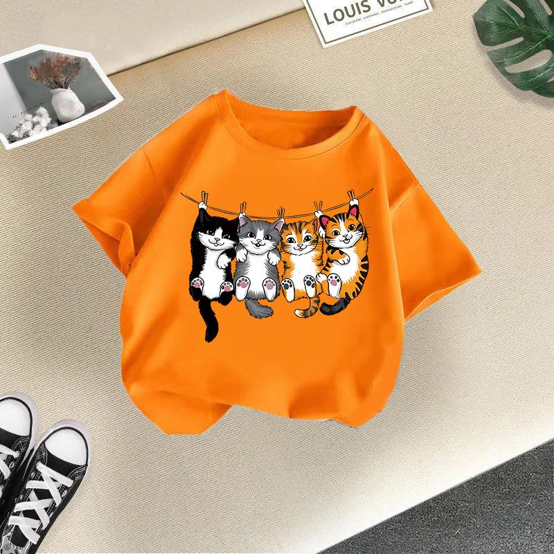 Children's Casual Short-sleeved T-shirt - Summer Girls' And Boys' Fashionable And Cute Cat T-shirt