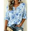 Women's Watercolor Blue Floral Print Tie Front Blouse, Casual Loose Top for Spring Summer Daily