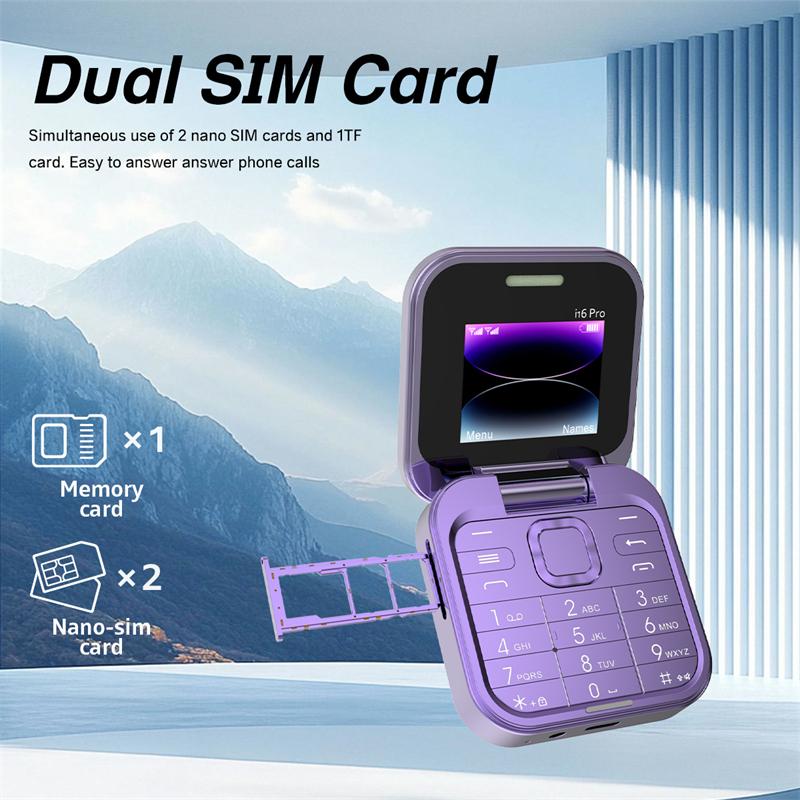 Ny i16 Pro Søt Flipblokk Mobiltelefon Doble SIM-kort 1,77" Skjerm Hurtigtaster Magisk Stemme Svarteliste Mini Boks Mobiltelefon 3,5 mm Jack