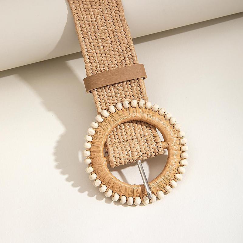 1pc Women Round Buckle Boho Straw Belt For Beach Ellipse Buckle Bead Decor Bohemian Woven Belt For Holiday