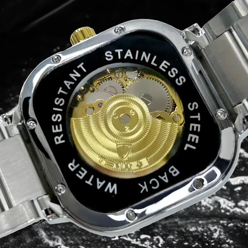 TEVISE Automatic Mechanical Watches for Men Stainless Steel Waterproof Skeleton Watch Square Dial Luminous Fashion Business Wristwatch