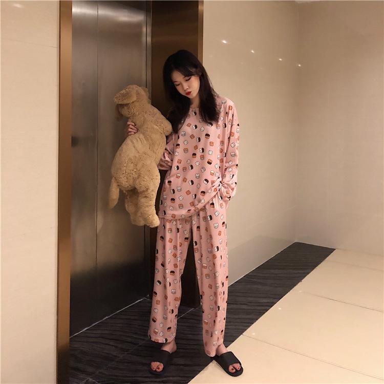 Women Autumn Winter Long-sleeved Cartoon Pajamas Set 2024 New Round Neck Cute Solid Color Pullover Sleepwear Clothes Set