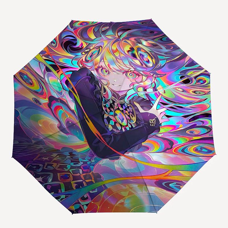1pc Psychedelic Swirls & Anime Character Outdoor Umbrella - Automatic Opening/Closing, Portable 3-Fold Design, 8-Rib Iron Frame - Perfect Gift fo