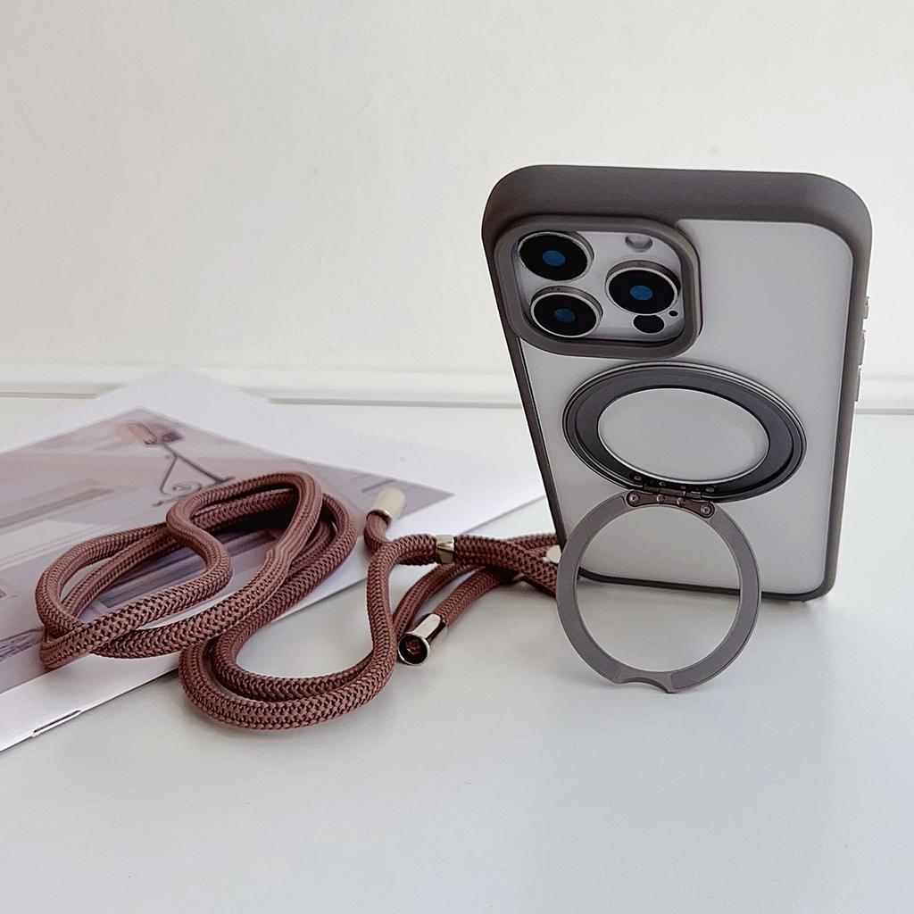 For iPhone 15 Pro Max Case Compatible with MagSafe Rotatable Kickstand PC+TPU Phone Cover with Lanyard