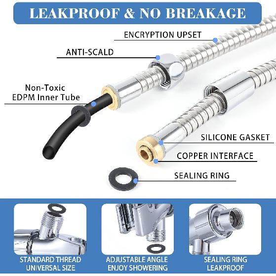 Expandable Shower Hose, 69 Inches Extra Long for Bathing & Toilet Cleaning, Leakproof Flexible Hose Extension with Adjustable Holder