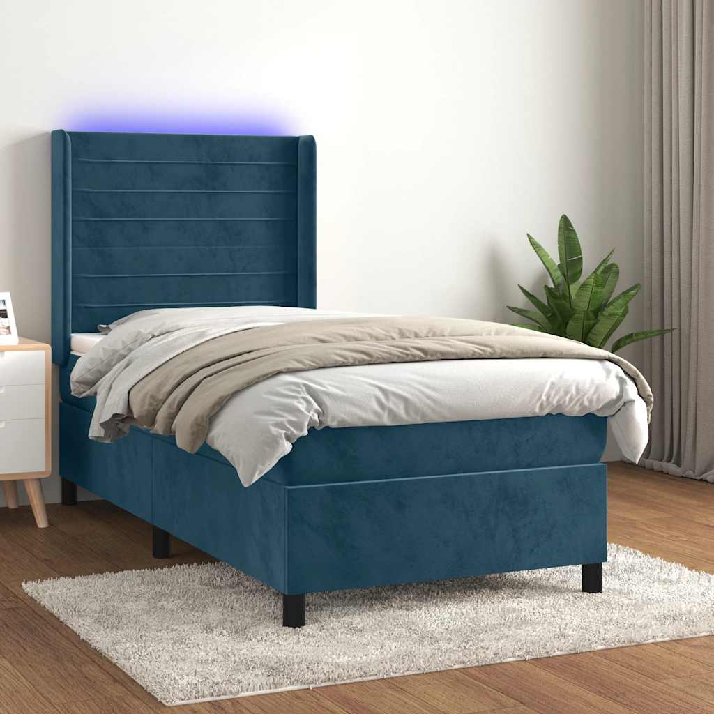 Box Spring Bed with Mattress & LED Dark Blue 100x200 cm Velvet