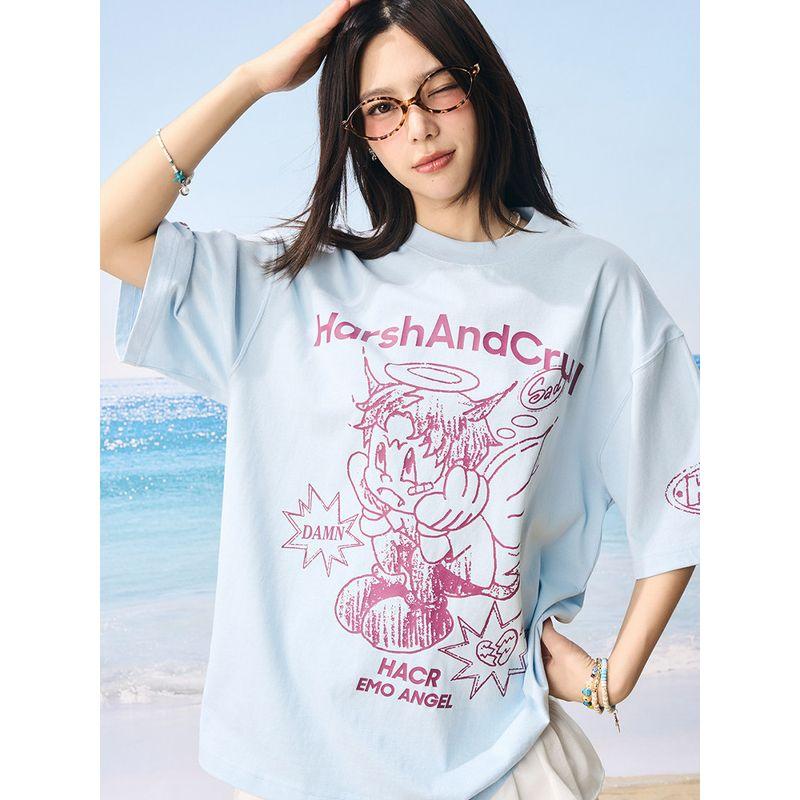 HACR Kids Harshandcruel2025 Summer Children's Fun Hand Painted Emo Angel Street Graffiti Loose Short Sleeve T-shirt