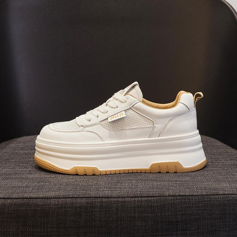 Leather Mesh White Shoes Women's 2025 Summer New Versatile Lightweight Inner Height Increase Women's Shoes Breathable Casual Shoes Board Shoes