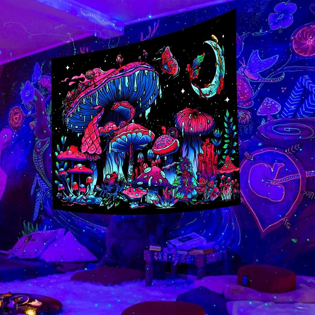 TUGCAY Blacklight Mushroom Tapestry, Glow In The Dark Tapestry Black Light Plant Fantasy UV Reactive Mushroom Butterfly Moon Tapestries Posters Wall
