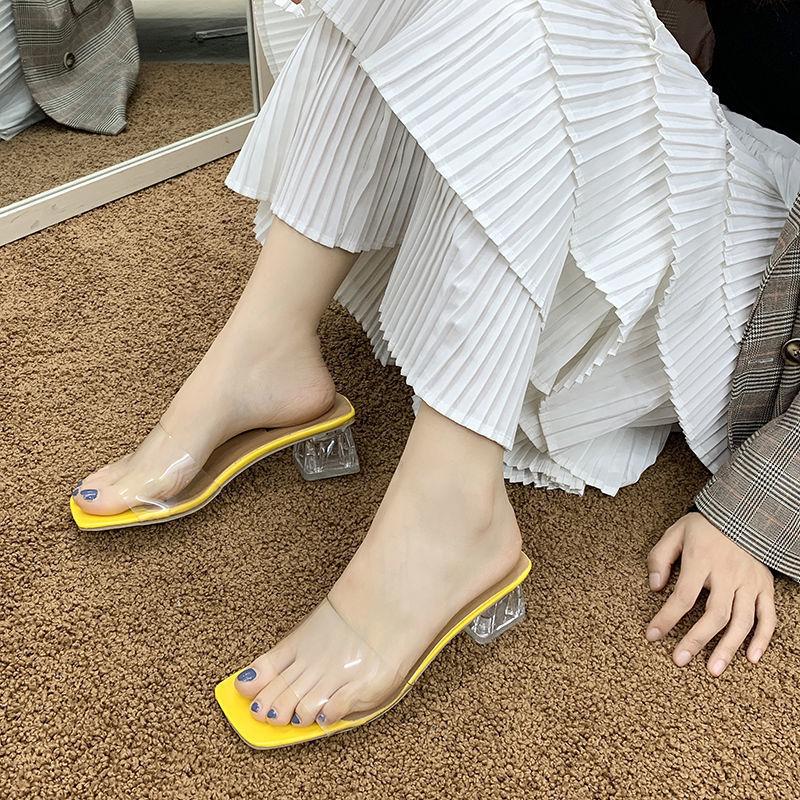 2025 summer transparent slippers women's fashion and versatile new Internet celebrity super high heel shoes crystal thick heel sandals