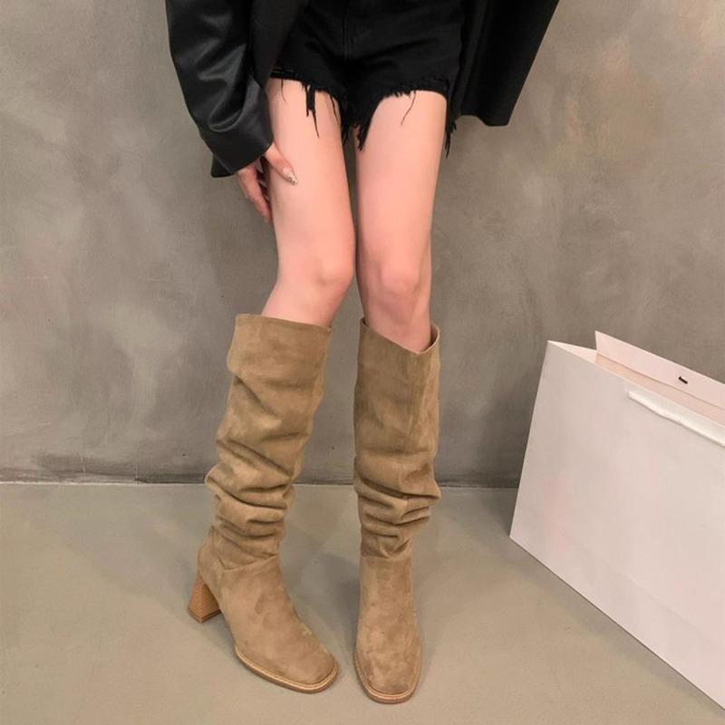Cizme înalte până la genunchi pentru femei, plisate, vintage, pantofi toamnă iarnă, elegante, cu vârf pătrat, toc gros, lungi