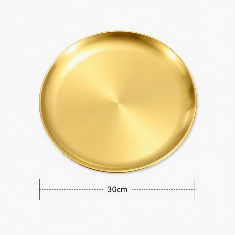 Stainless Steel Golden Round Plate Metal Dinner Serving Tray Gold‑Tone Dish for Steak Fruit Dessert Snack Kitchen Tableware