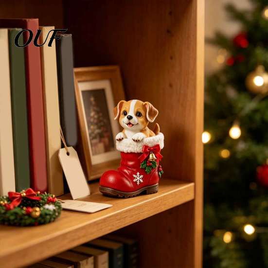 Small Resin Animal Figurines Christmas Puppy in Santa Boot Figurine, Cute Dog Holiday Tabletop Decor with Boots Figurine Bow Bell Holly, Festive Home
