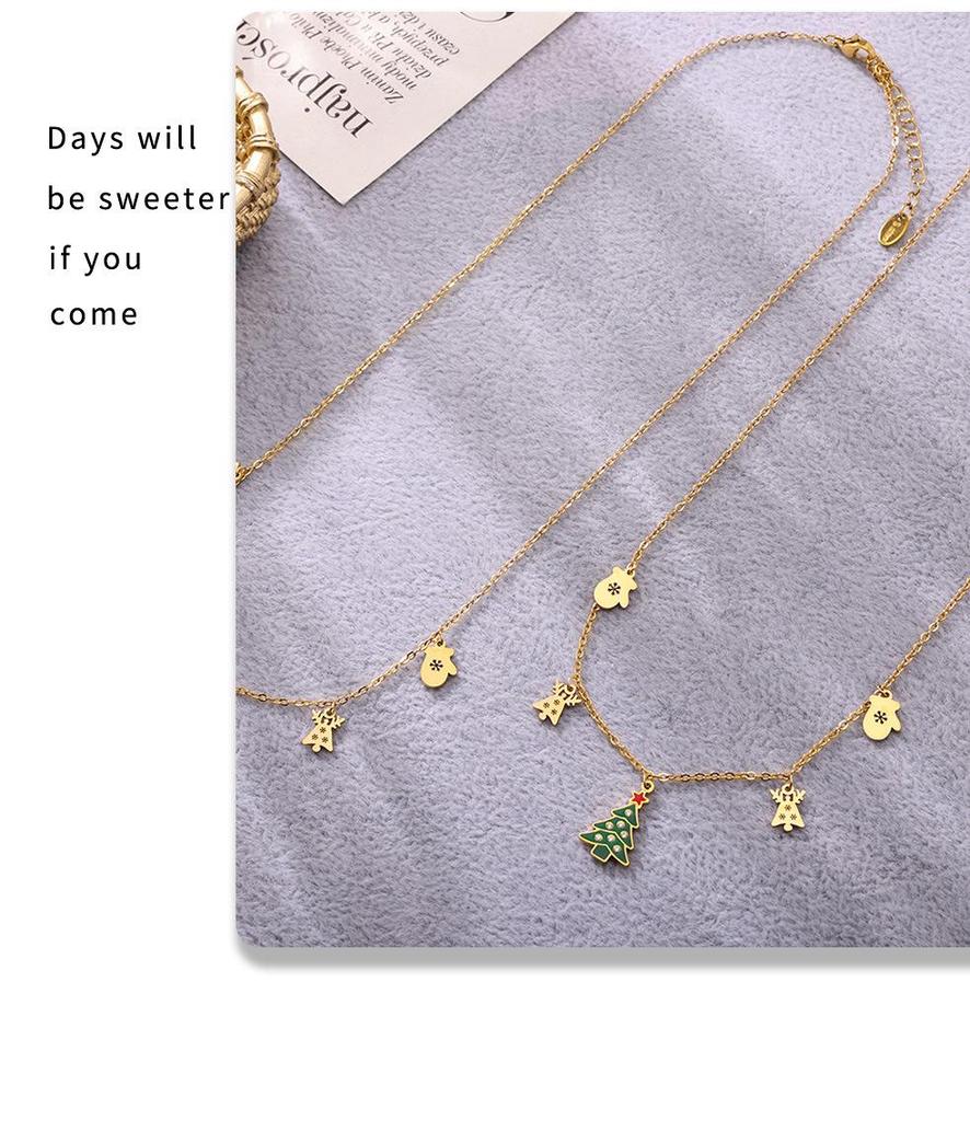 Green Zircon Sugar Cube Christmas Tree Drip Necklace: Romantic Titanium Steel Multi-Pendant Clavicle Chain Gift for Women