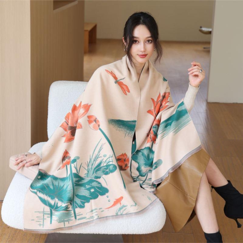 Elegant Lotus Shawl Women's Autumn and Winter New Imitation Cashmere Jacquard Scarf Fashionable and Elegant Warm Thickened Scarf