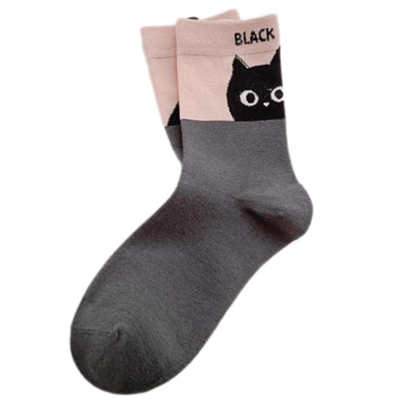 Fashionable Middle Calf Socks with Cartoon Cats Print in Soft Cotton Color Block Student Crew Socks Hosiery for Women