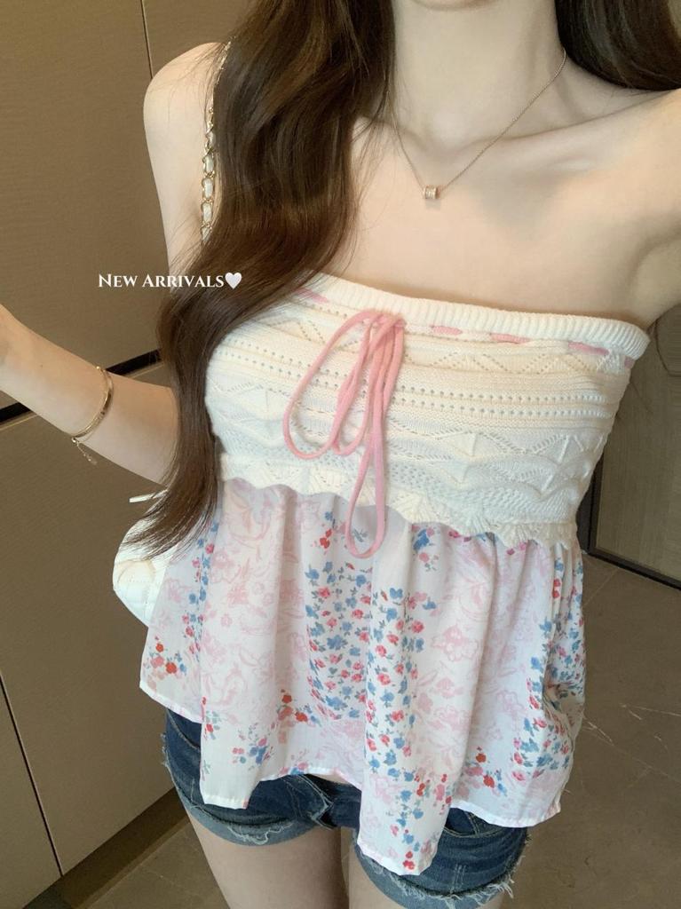 Pure desire sweet and spicy splicing floral tube top women summer slim and thin pink chic top